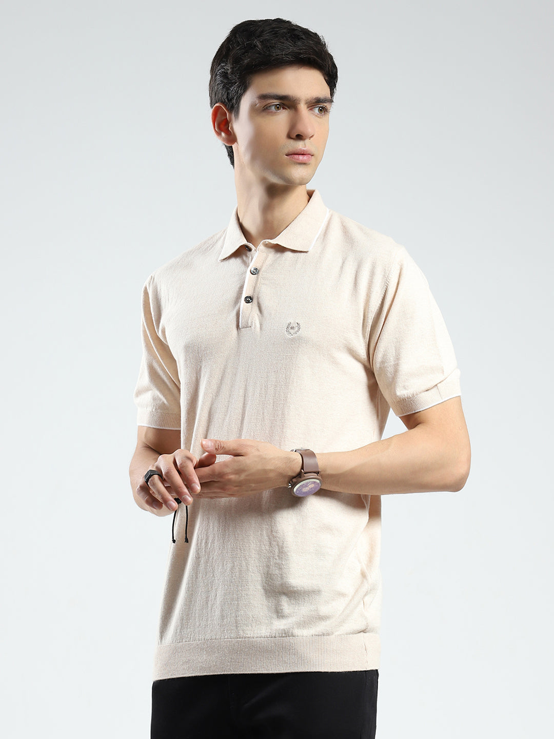 Men Beige Solid Collar Half Sleeve T-Shirt
