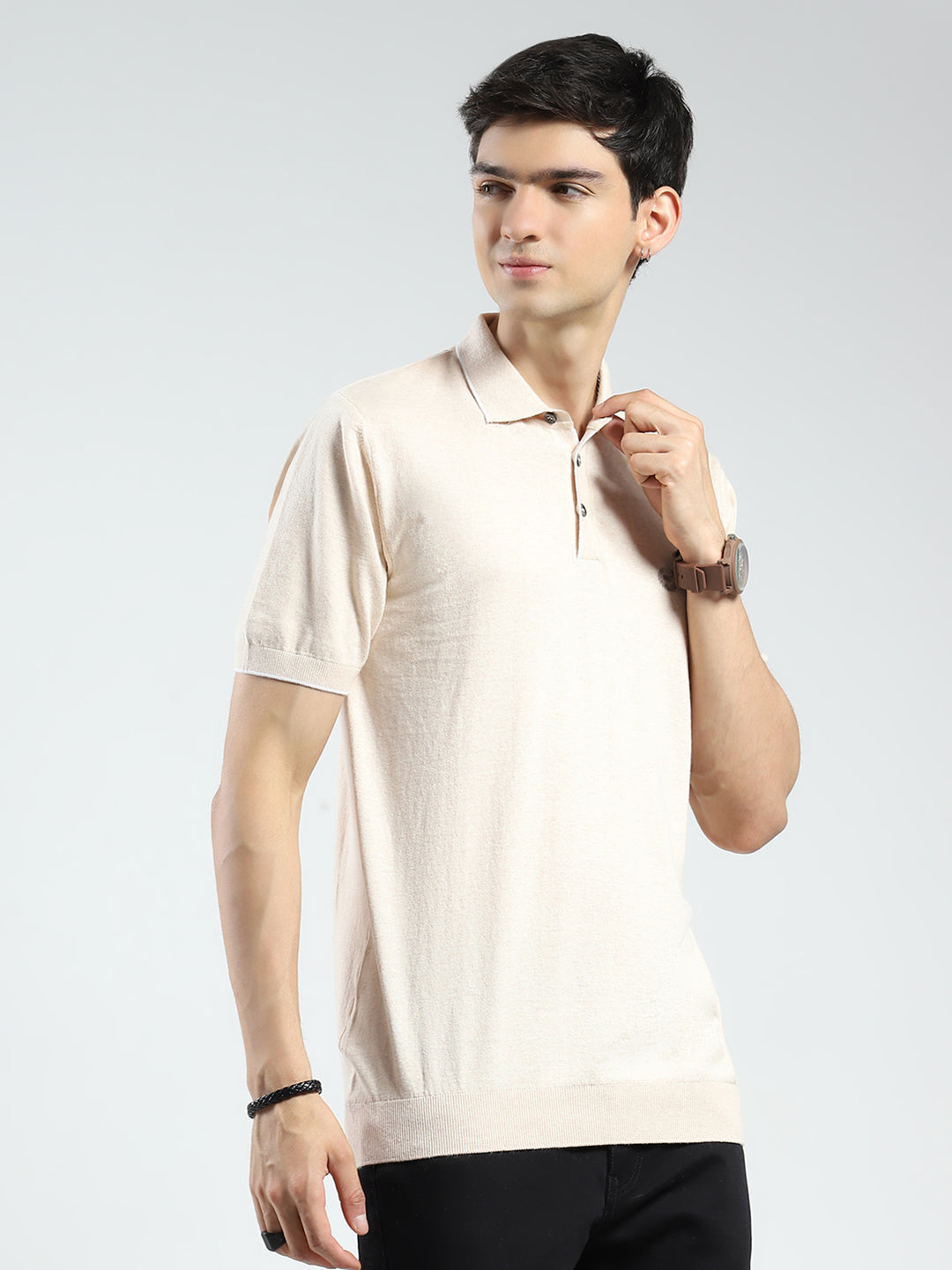Men Beige Solid Collar Half Sleeve T-Shirt