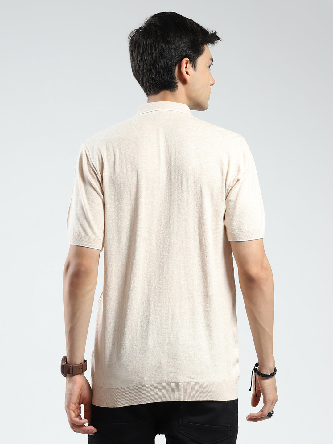 Men Beige Solid Collar Half Sleeve T-Shirt
