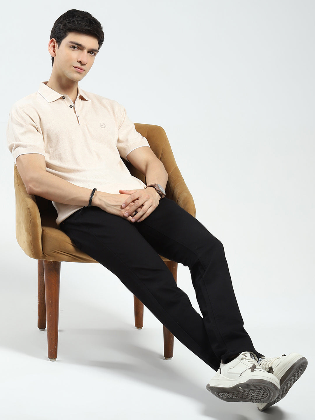 Men Beige Solid Collar Half Sleeve T-Shirt