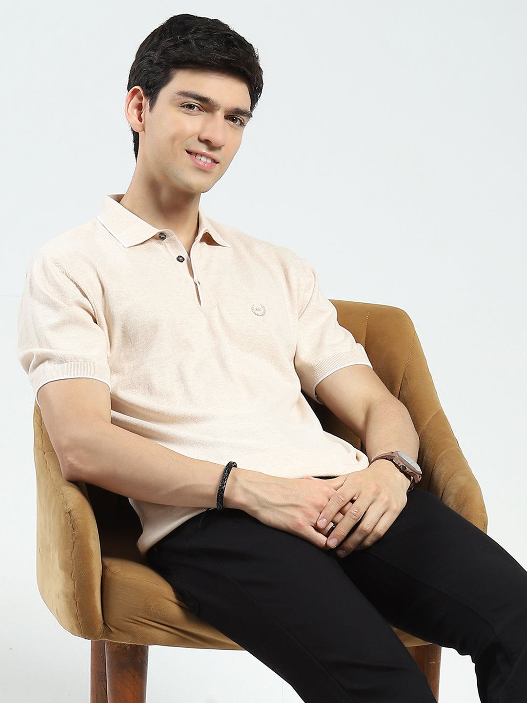 Men Beige Solid Collar Half Sleeve T-Shirt