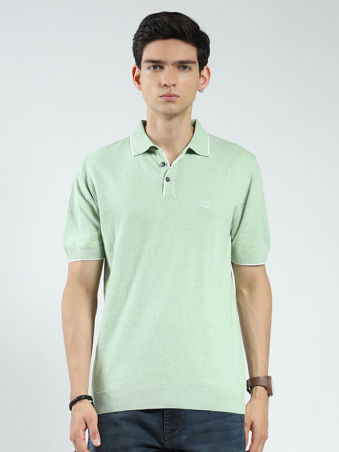 Men Green Solid Collar Half Sleeve T-Shirt