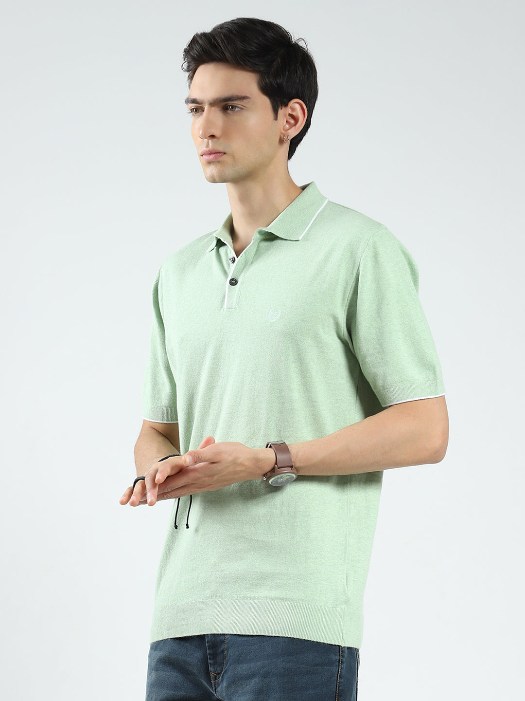 Men Green Solid Collar Half Sleeve T-Shirt