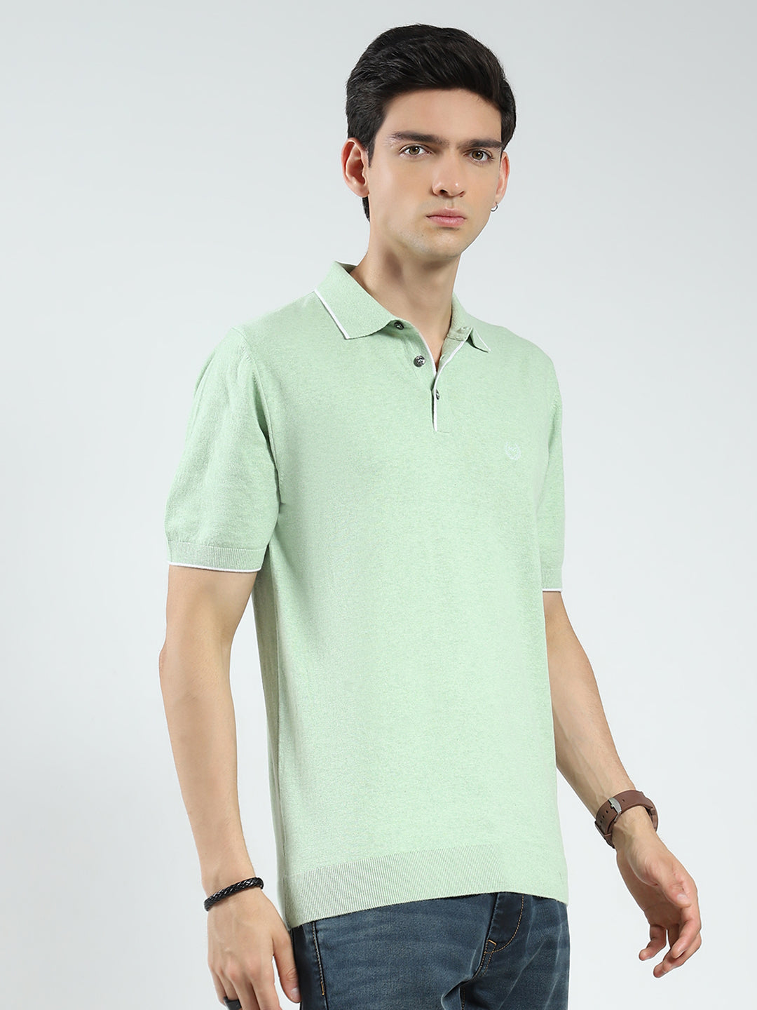 Men Green Solid Collar Half Sleeve T-Shirt