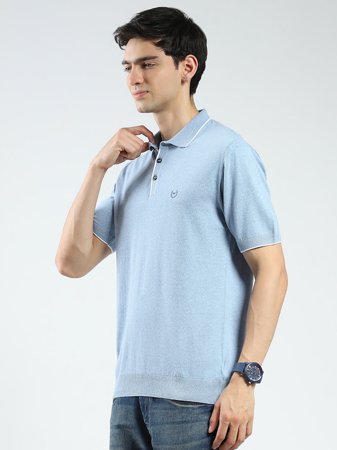 Men Blue Solid Collar Half Sleeve T-Shirt
