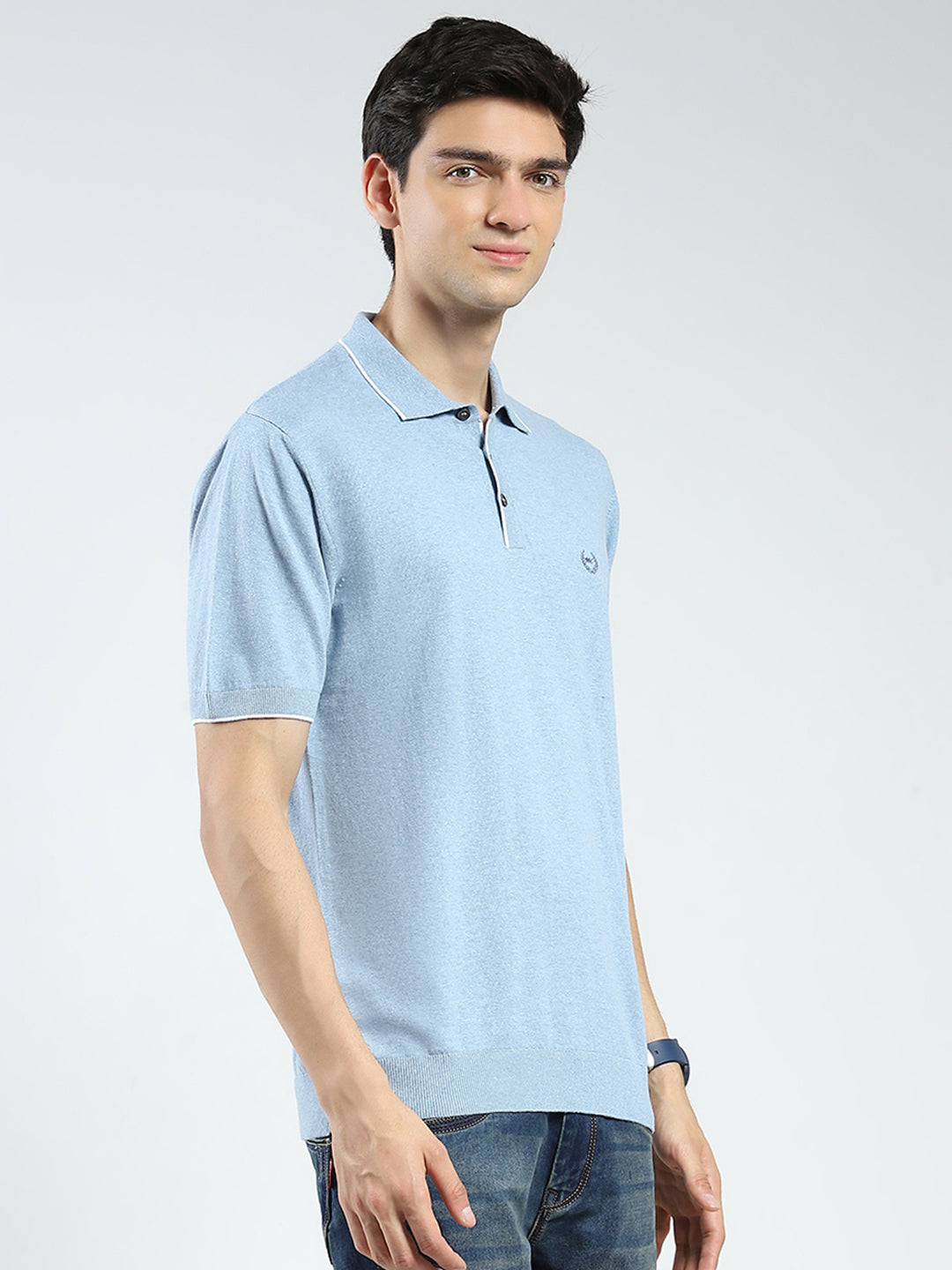Men Blue Solid Collar Half Sleeve T-Shirt