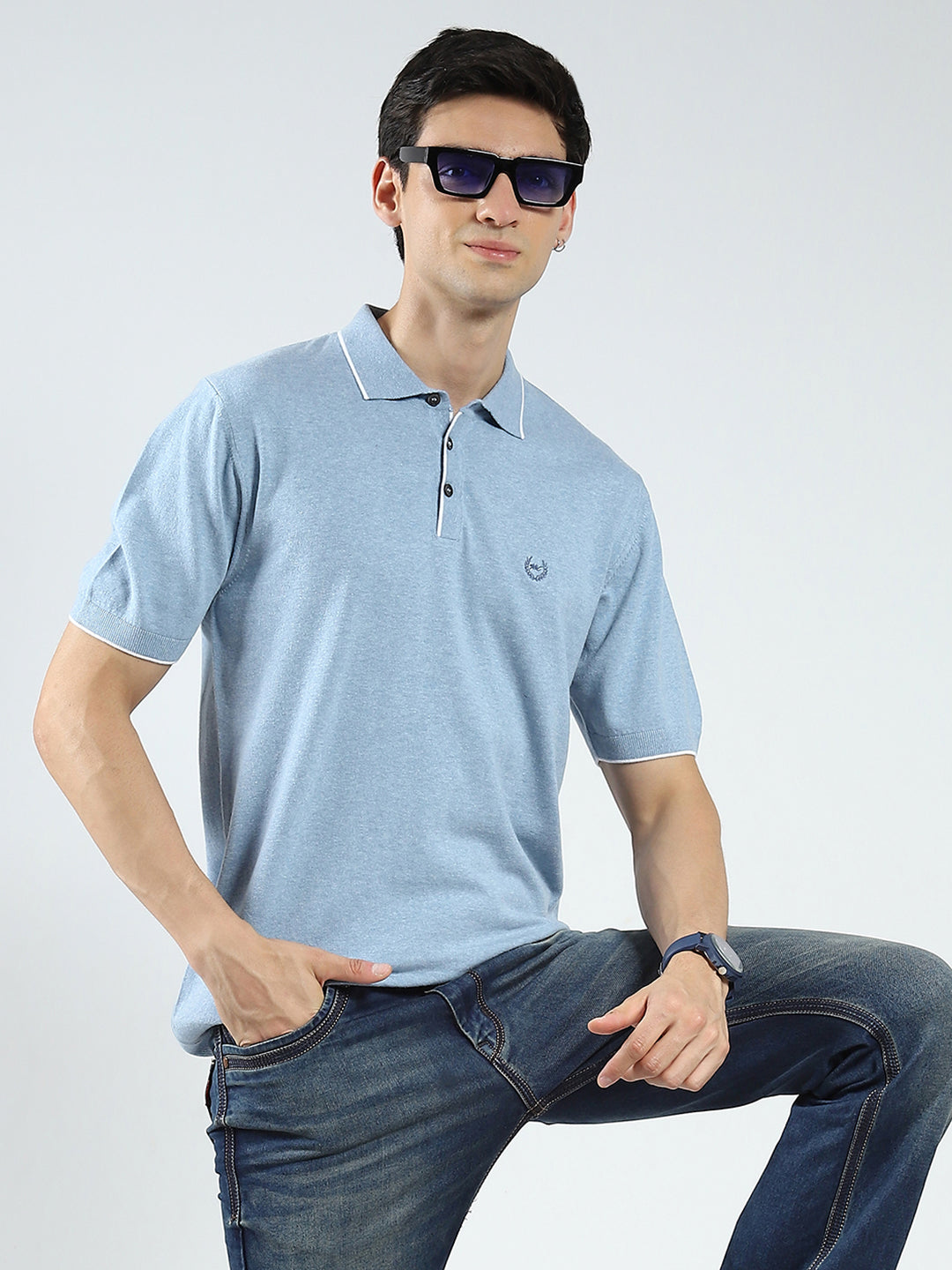 Men Blue Solid Collar Half Sleeve T-Shirt