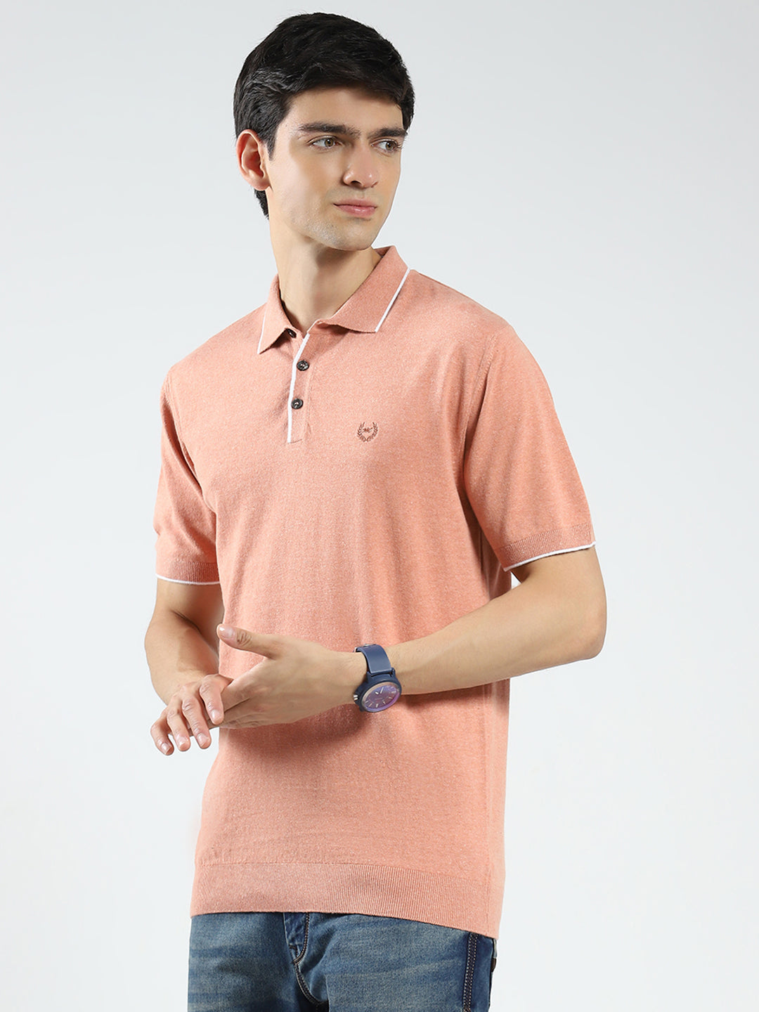 Men Coral Solid Collar Half Sleeve T-Shirt
