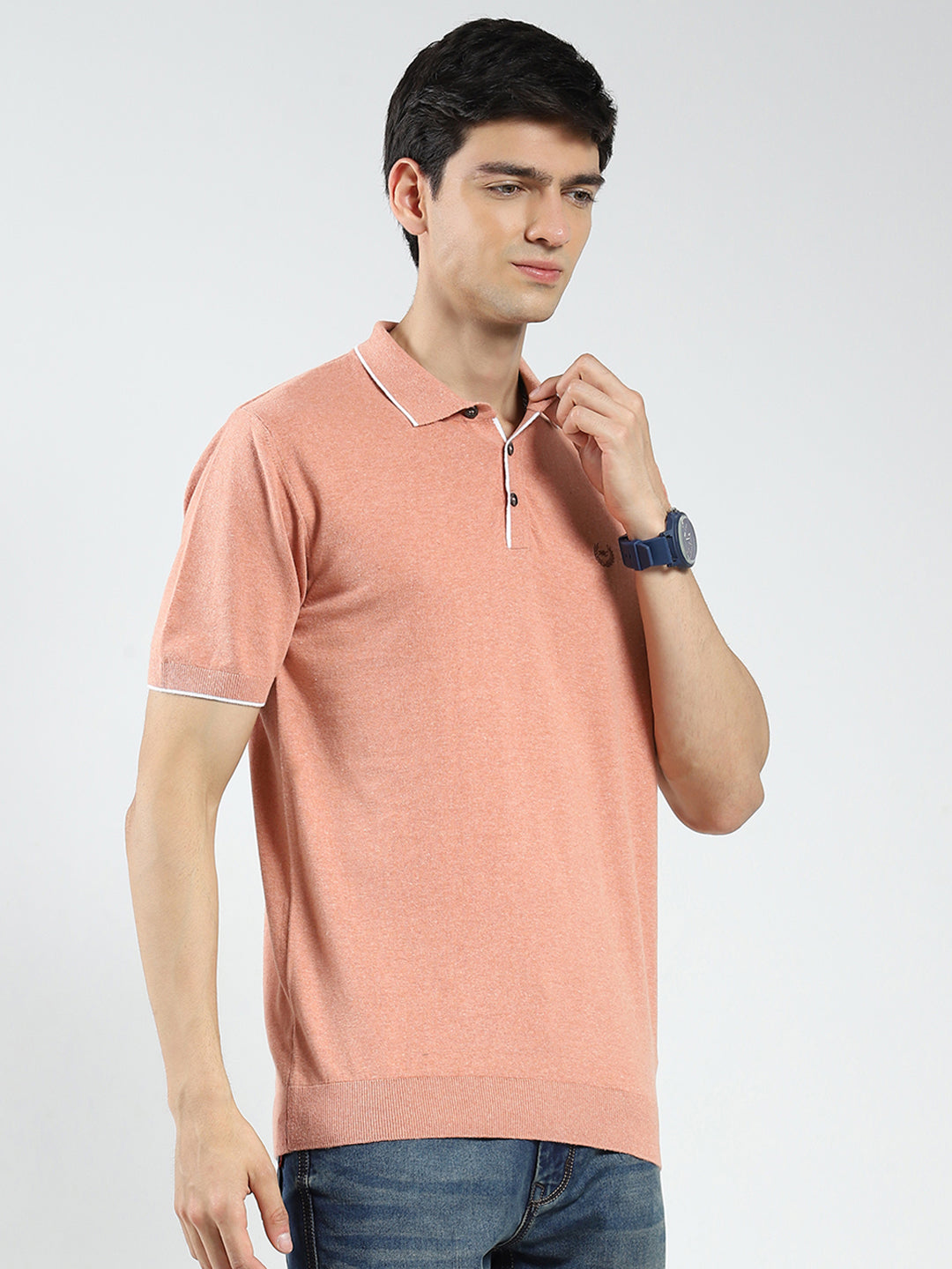 Men Coral Solid Collar Half Sleeve T-Shirt
