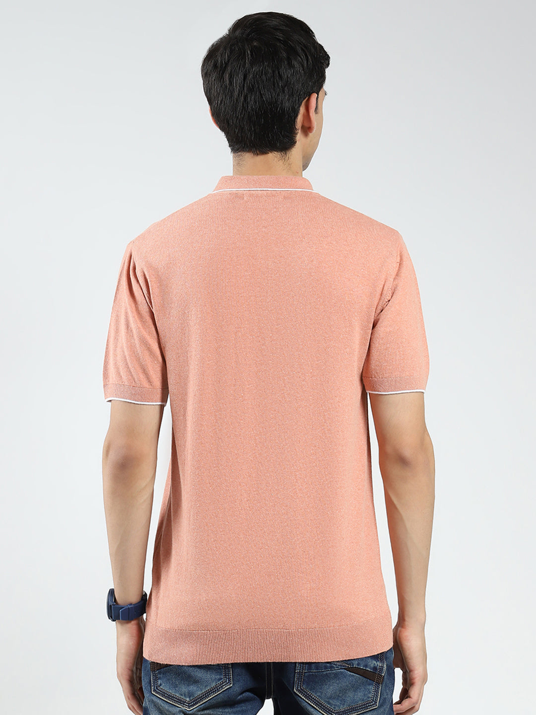 Men Coral Solid Collar Half Sleeve T-Shirt