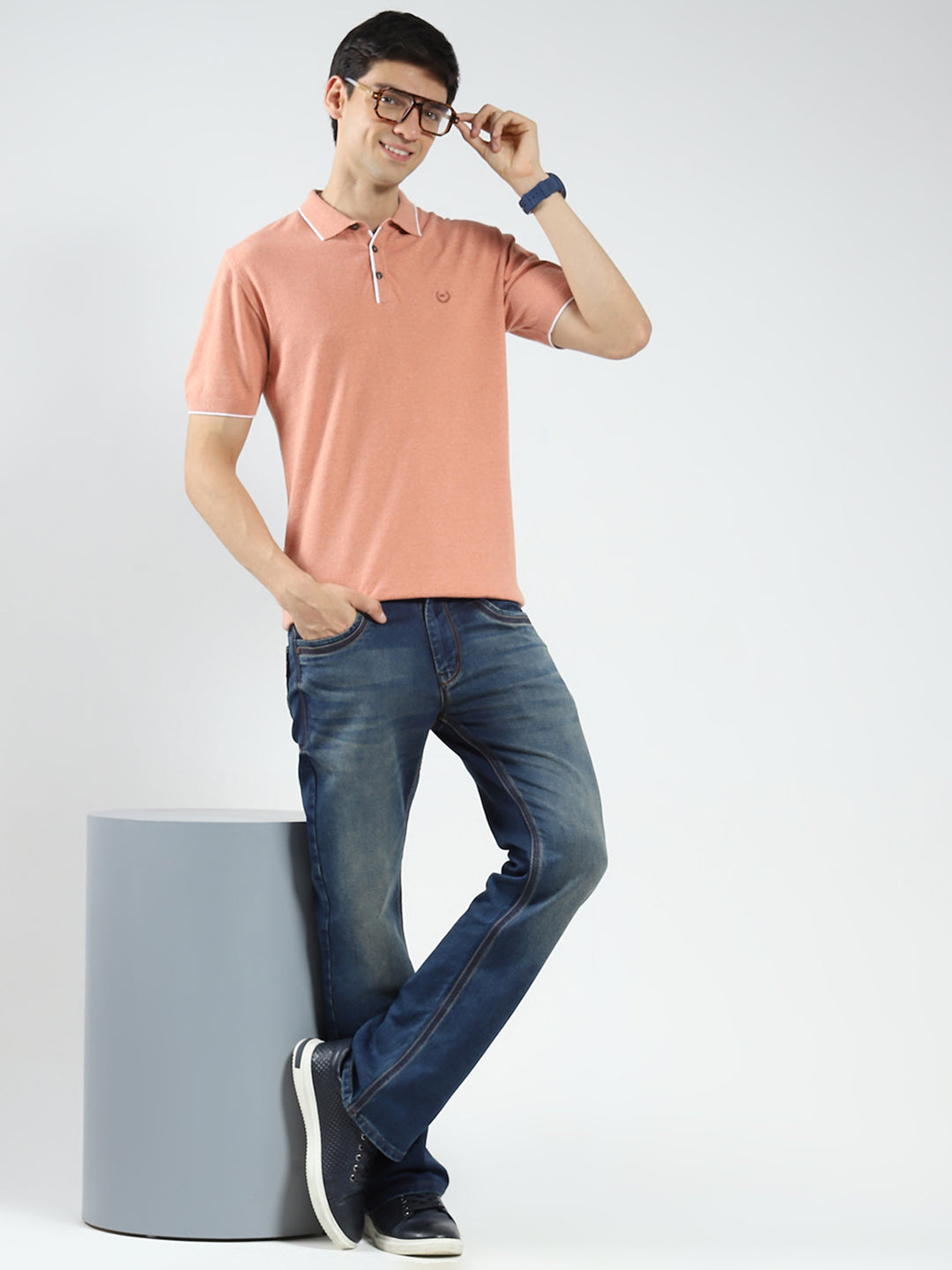 Men Coral Solid Collar Half Sleeve T-Shirt