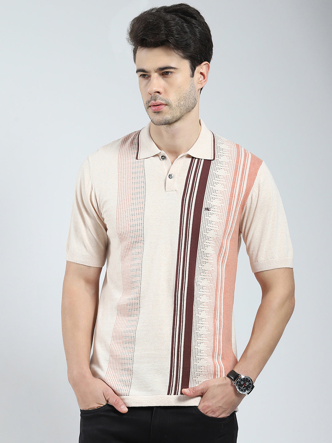 Men Beige Self Design Collar Half Sleeve T-Shirt