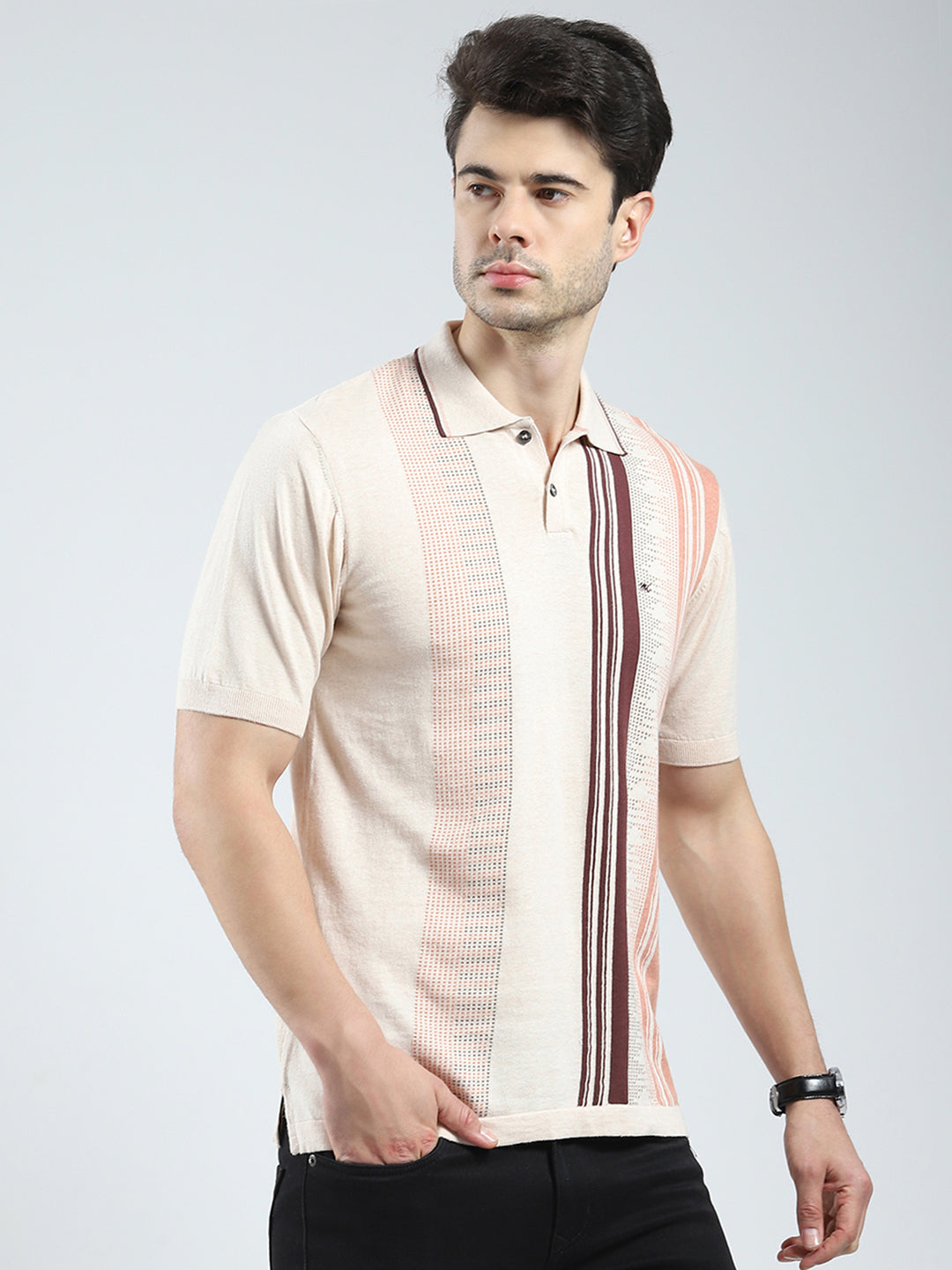 Men Beige Self Design Collar Half Sleeve T-Shirt