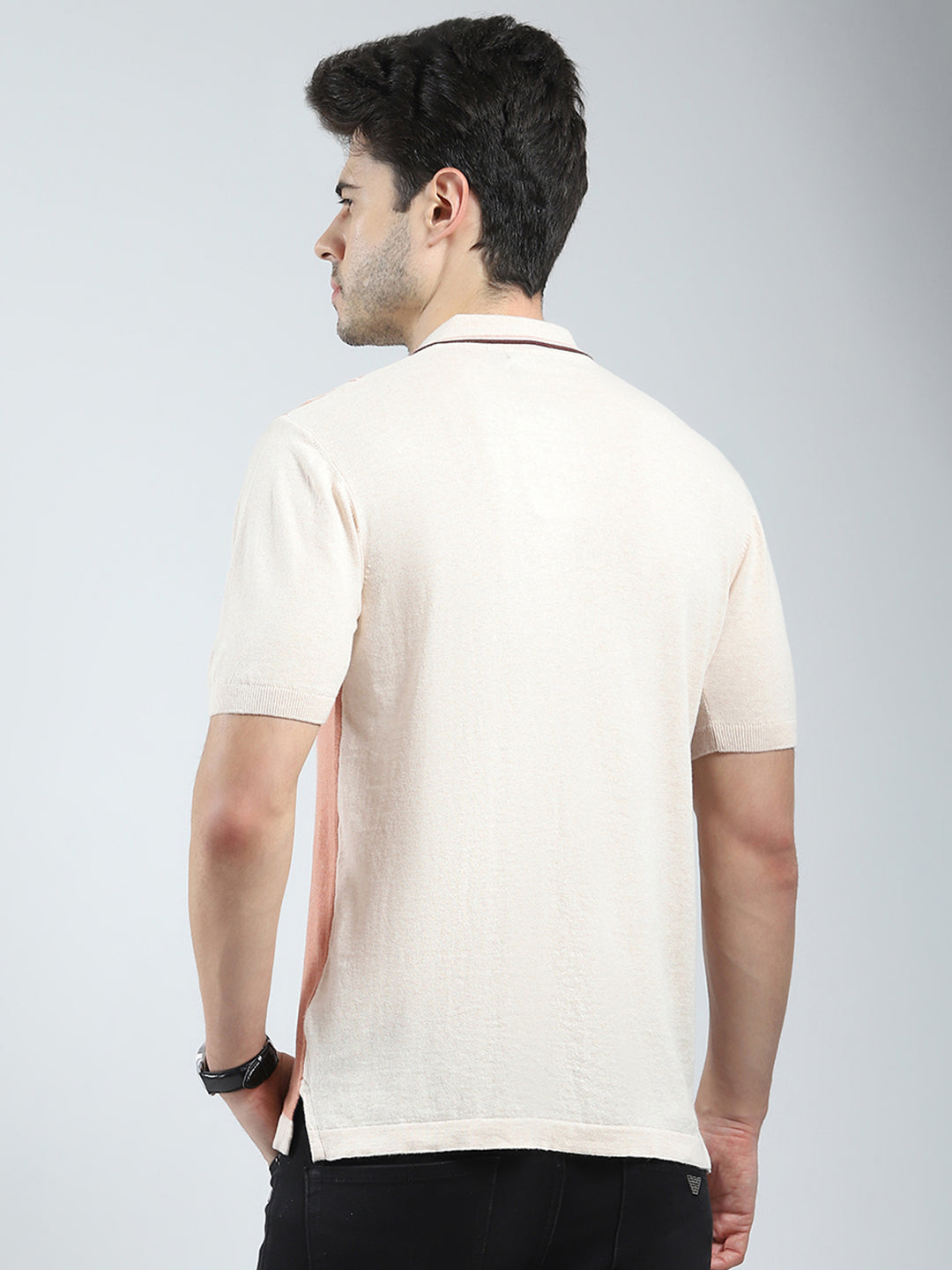 Men Beige Self Design Collar Half Sleeve T-Shirt