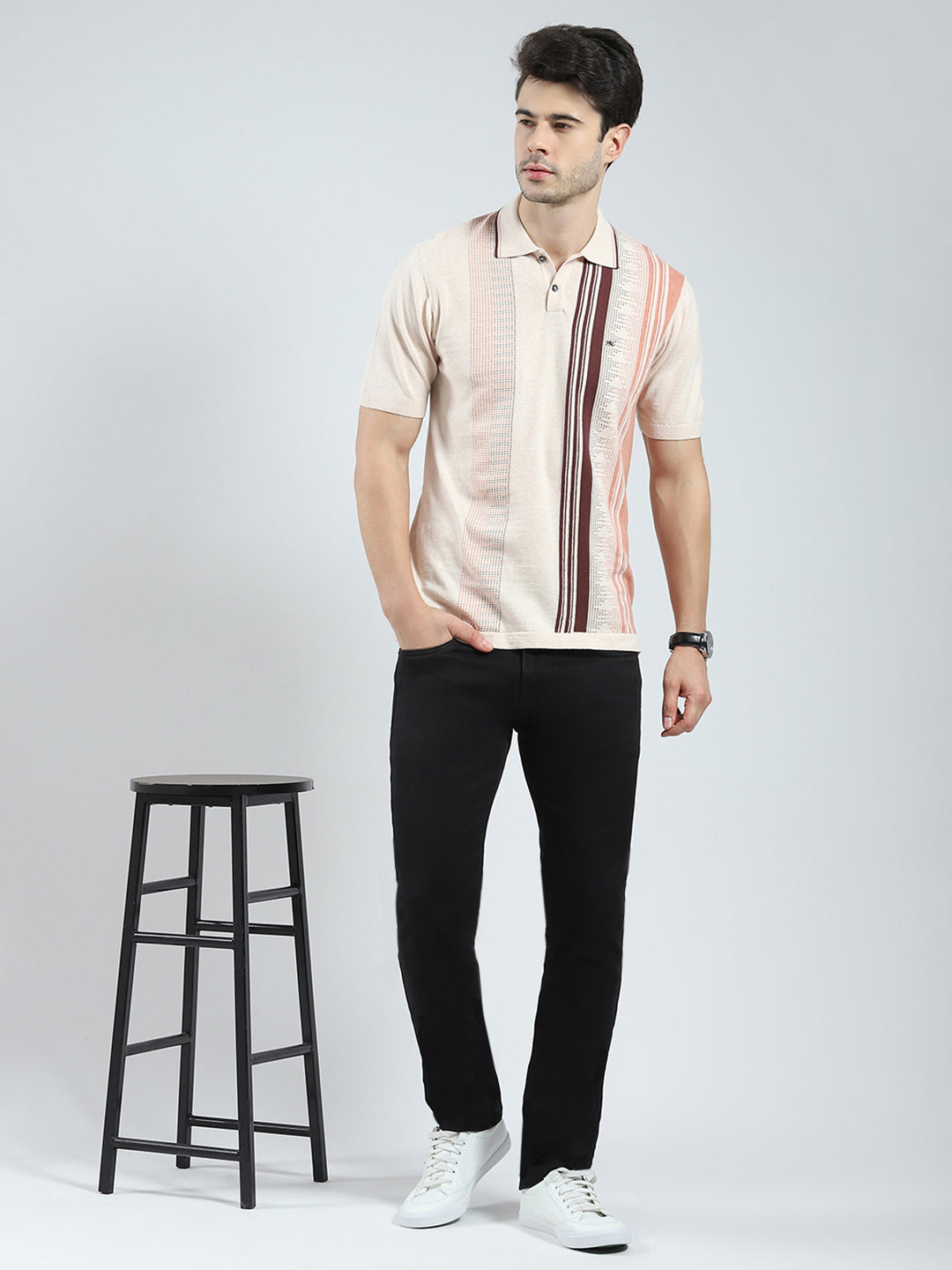 Men Beige Self Design Collar Half Sleeve T-Shirt