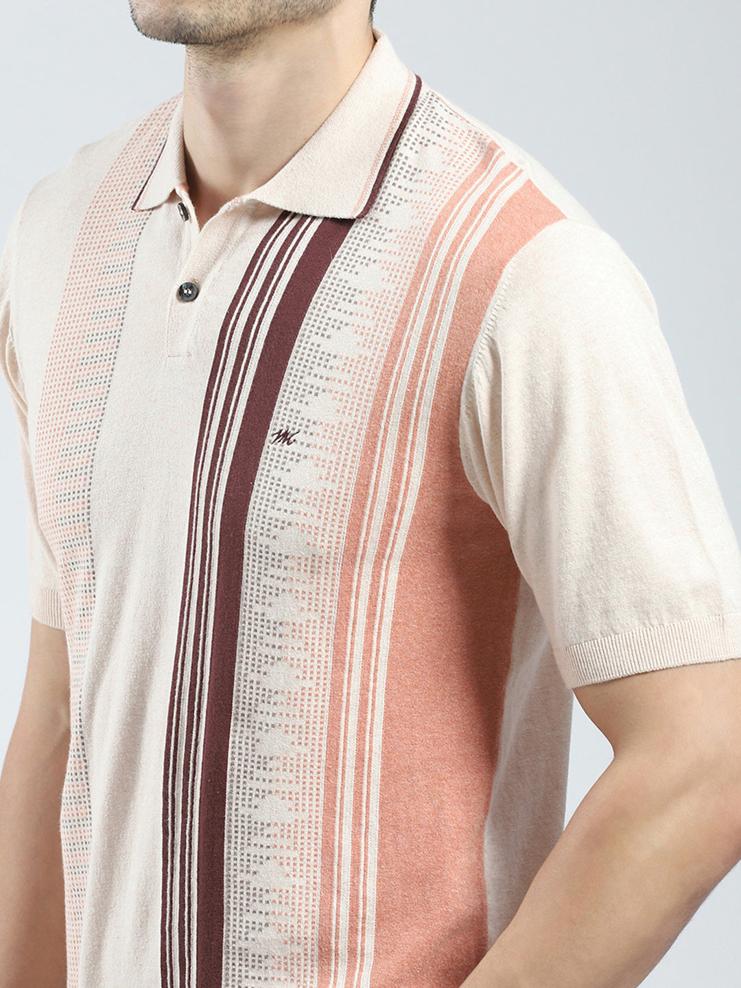 Men Beige Self Design Collar Half Sleeve T-Shirt