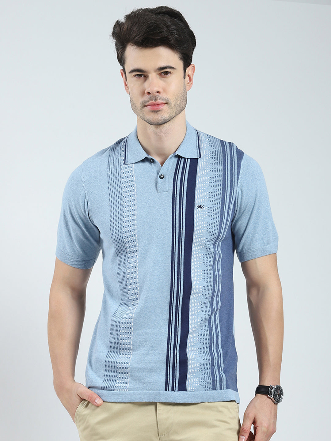 Men Blue Self Design Collar Half Sleeve T-Shirt