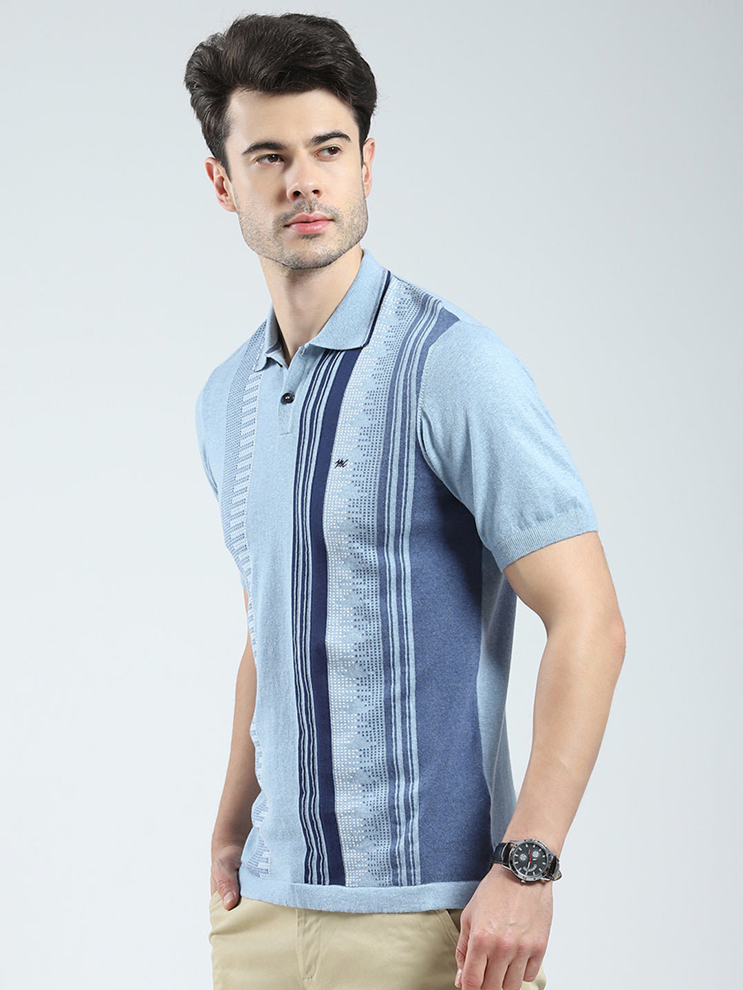 Men Blue Self Design Collar Half Sleeve T-Shirt