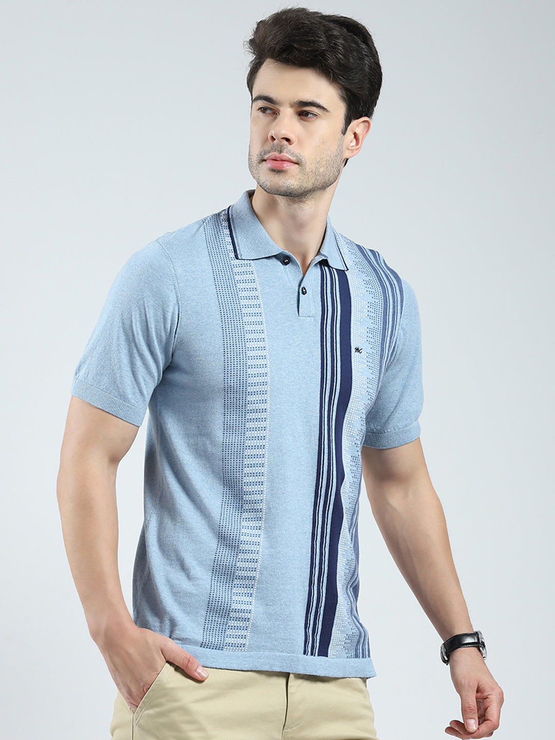 Men Blue Self Design Collar Half Sleeve T-Shirt