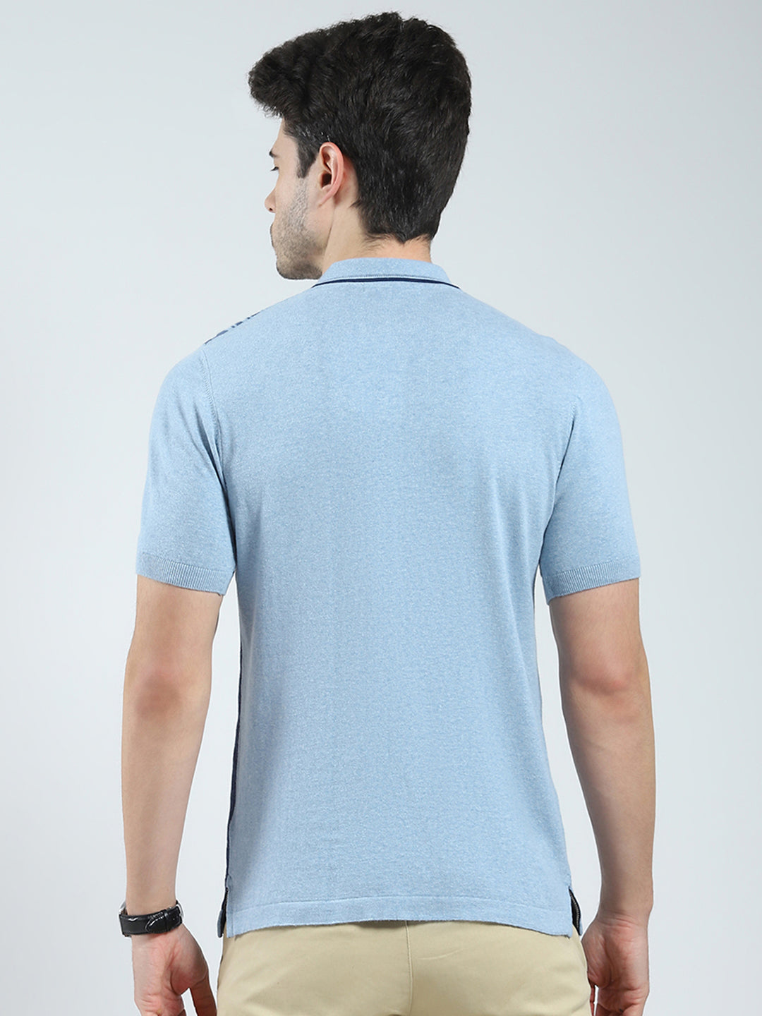 Men Blue Self Design Collar Half Sleeve T-Shirt