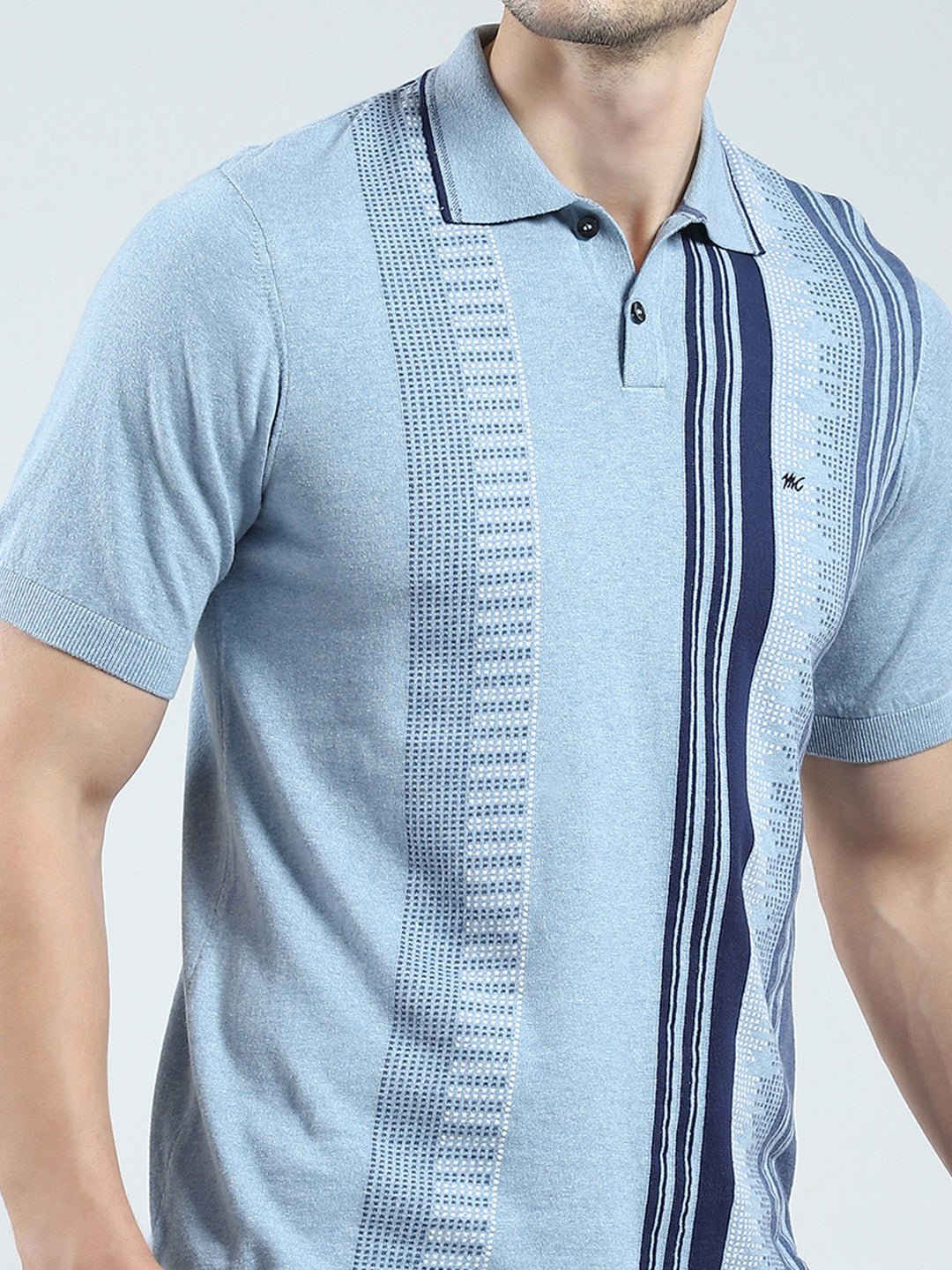 Men Blue Self Design Collar Half Sleeve T-Shirt