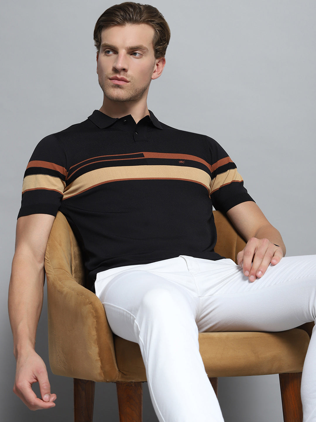 Men Black Self Design Collar Half Sleeve T-Shirt