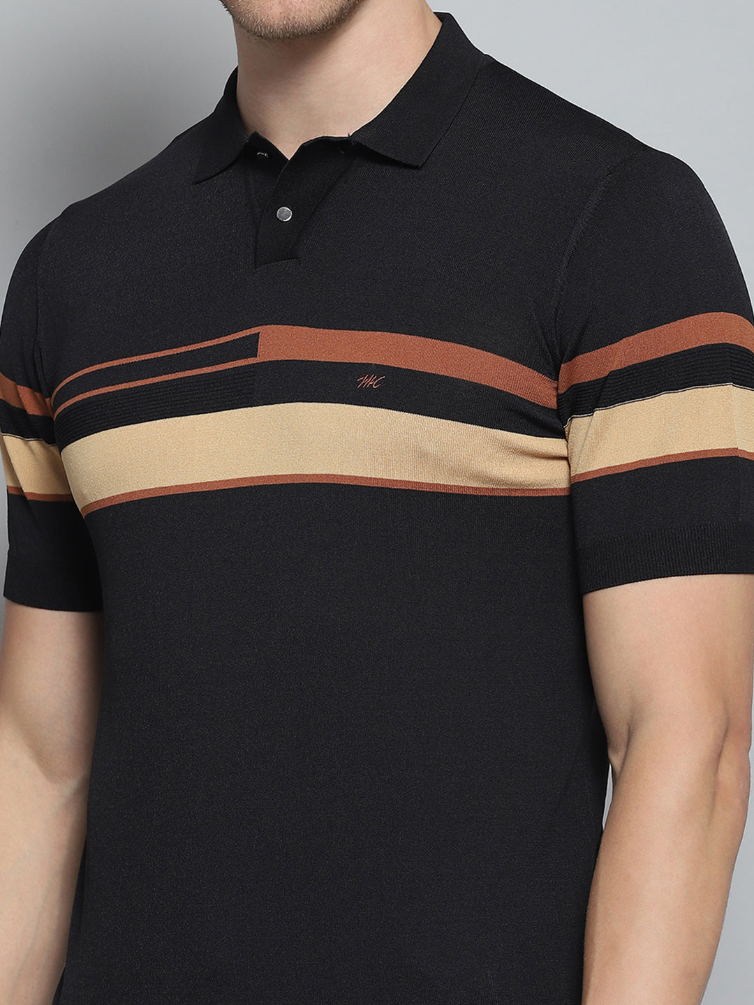 Men Black Self Design Collar Half Sleeve T-Shirt