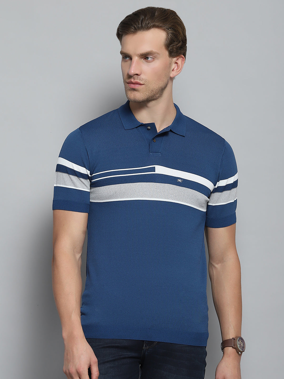 Men Blue Self Design Collar Half Sleeve T-Shirt