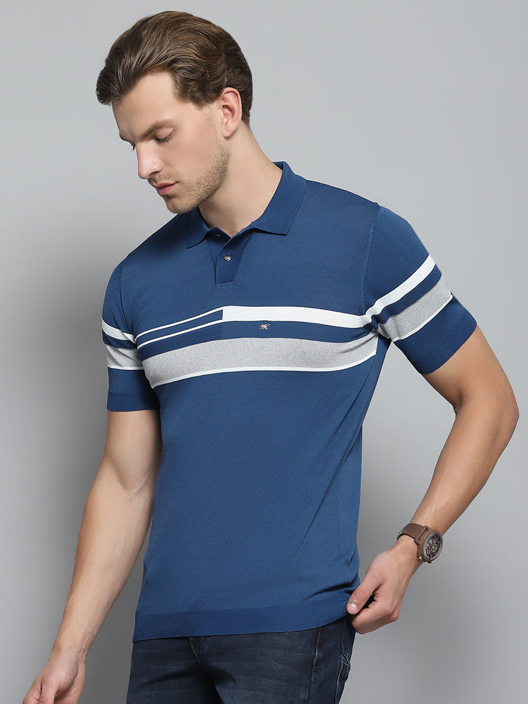 Men Blue Self Design Collar Half Sleeve T-Shirt