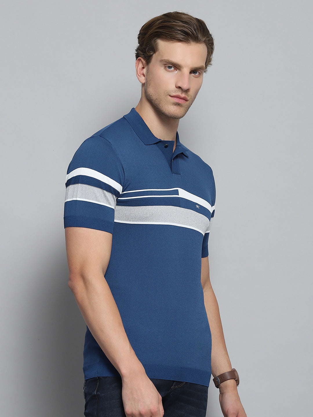 Men Blue Self Design Collar Half Sleeve T-Shirt