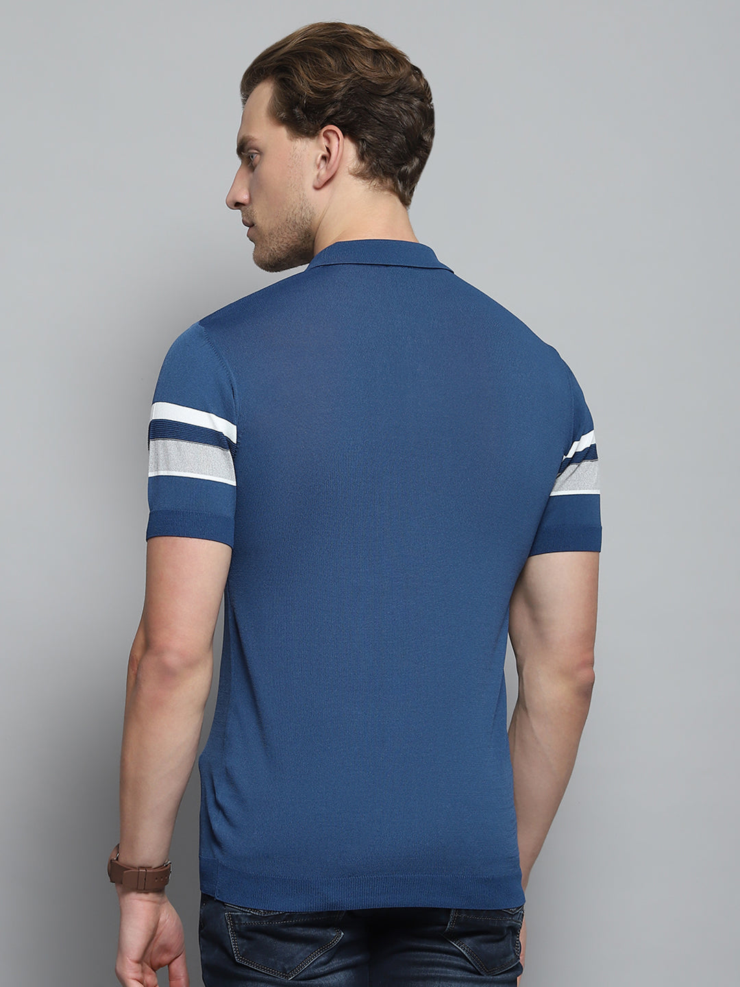 Men Blue Self Design Collar Half Sleeve T-Shirt
