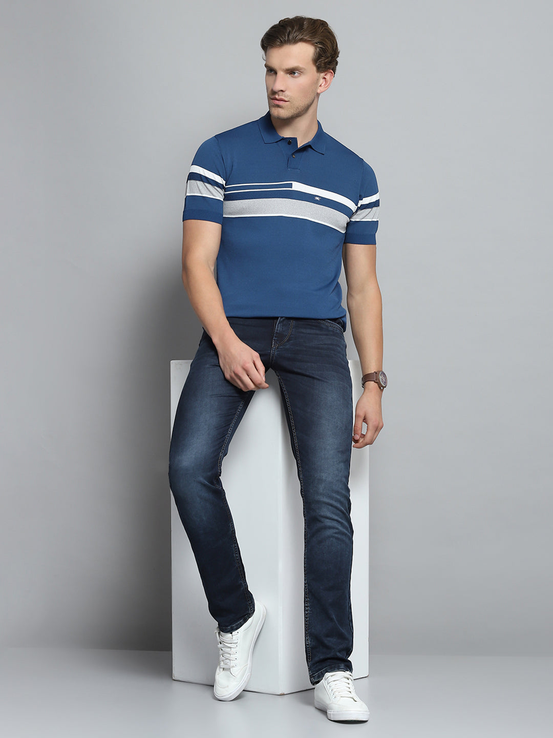 Men Blue Self Design Collar Half Sleeve T-Shirt