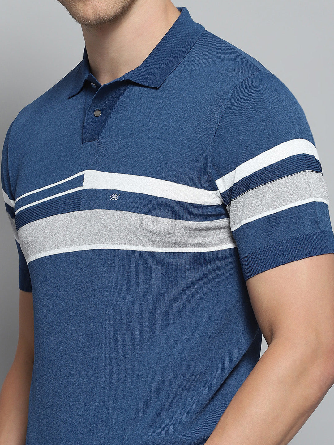 Men Blue Self Design Collar Half Sleeve T-Shirt