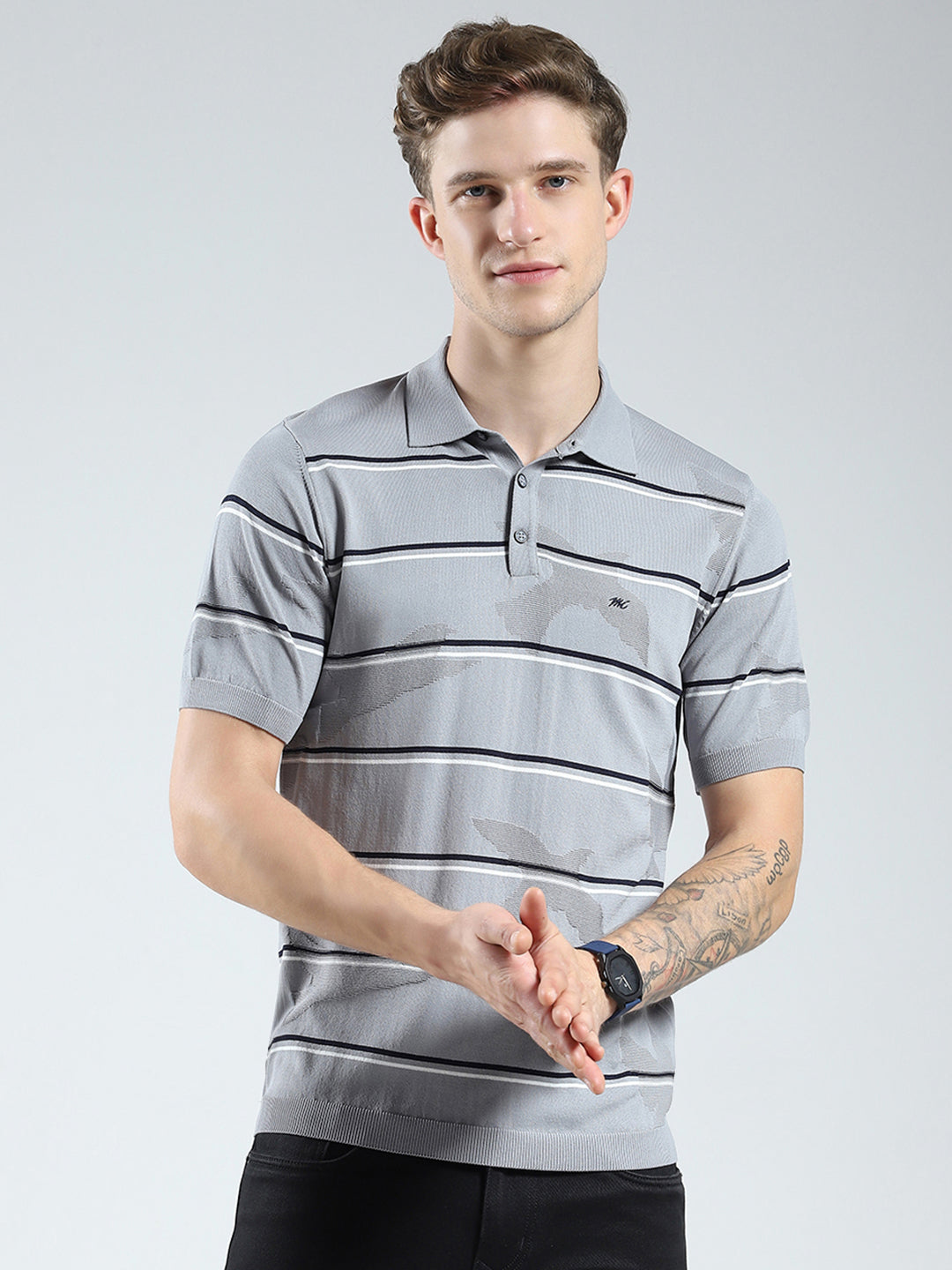 Men Grey Solid Collar Half Sleeve T-Shirt