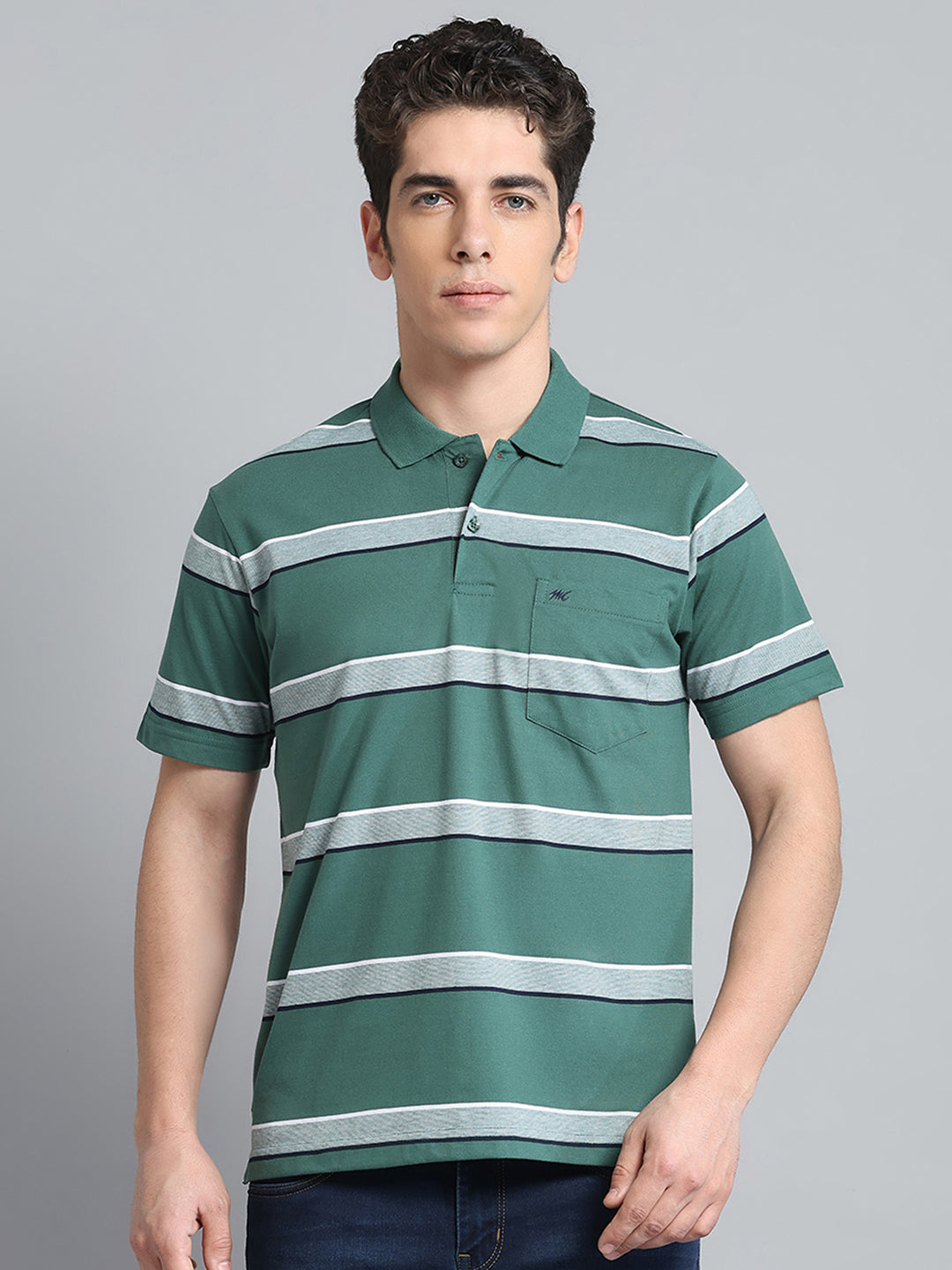 Men Green Stripe Collar Half Sleeve T-Shirt