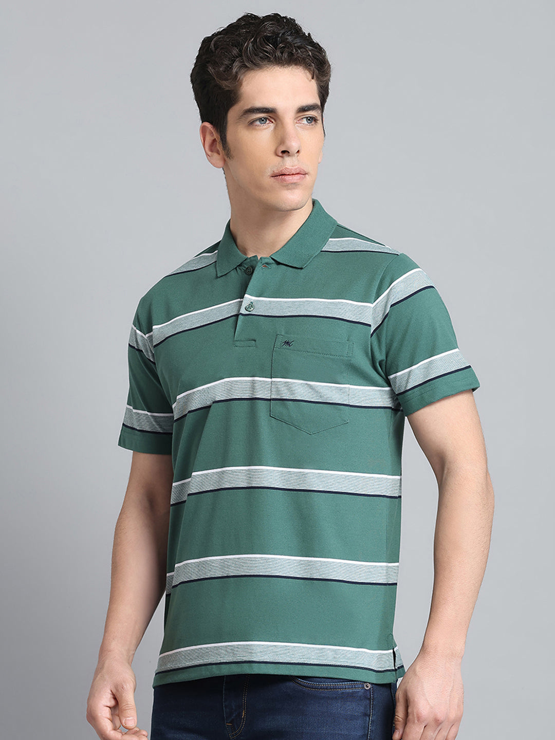 Men Green Stripe Collar Half Sleeve T-Shirt