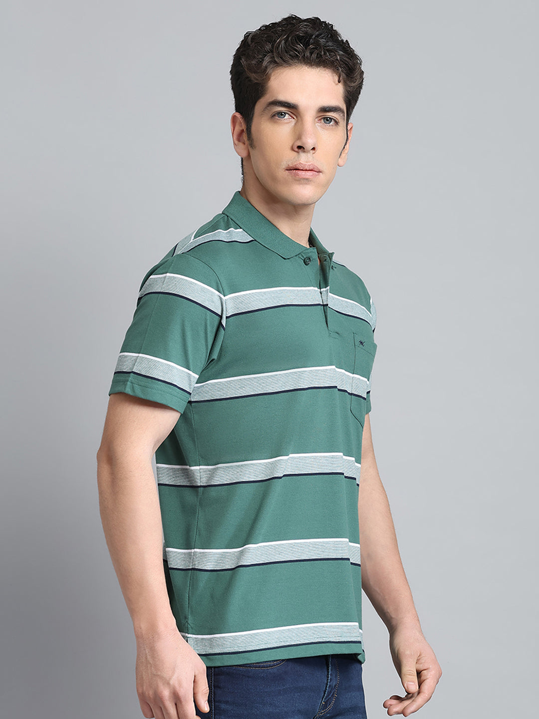 Men Green Stripe Collar Half Sleeve T-Shirt