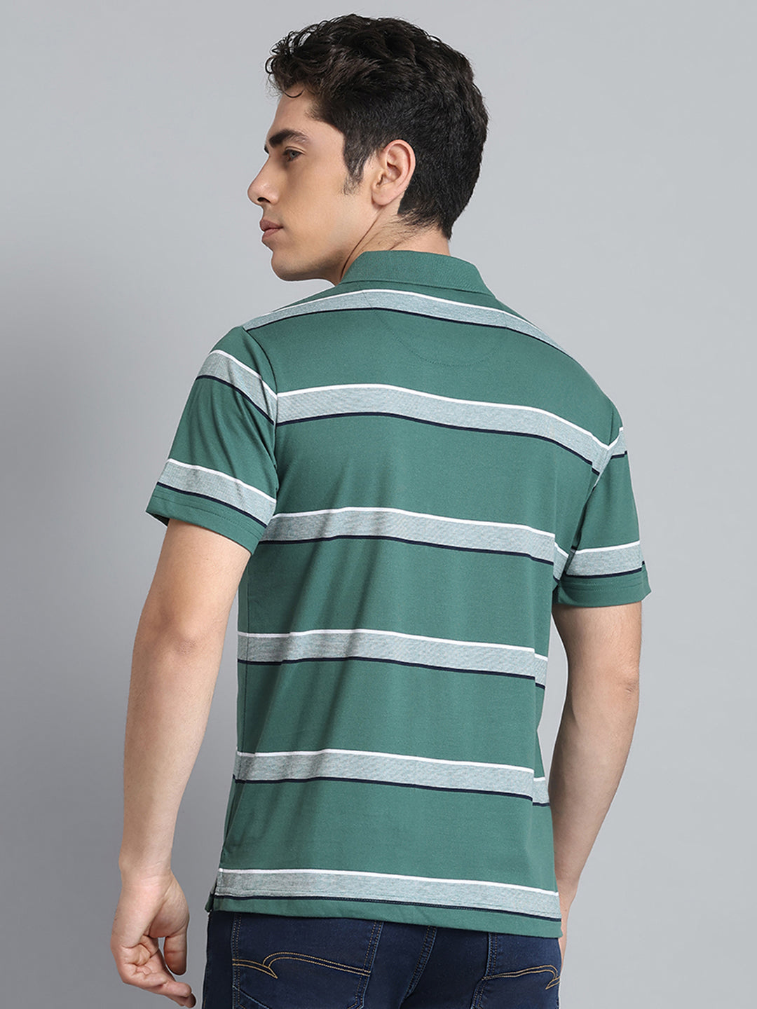 Men Green Stripe Collar Half Sleeve T-Shirt