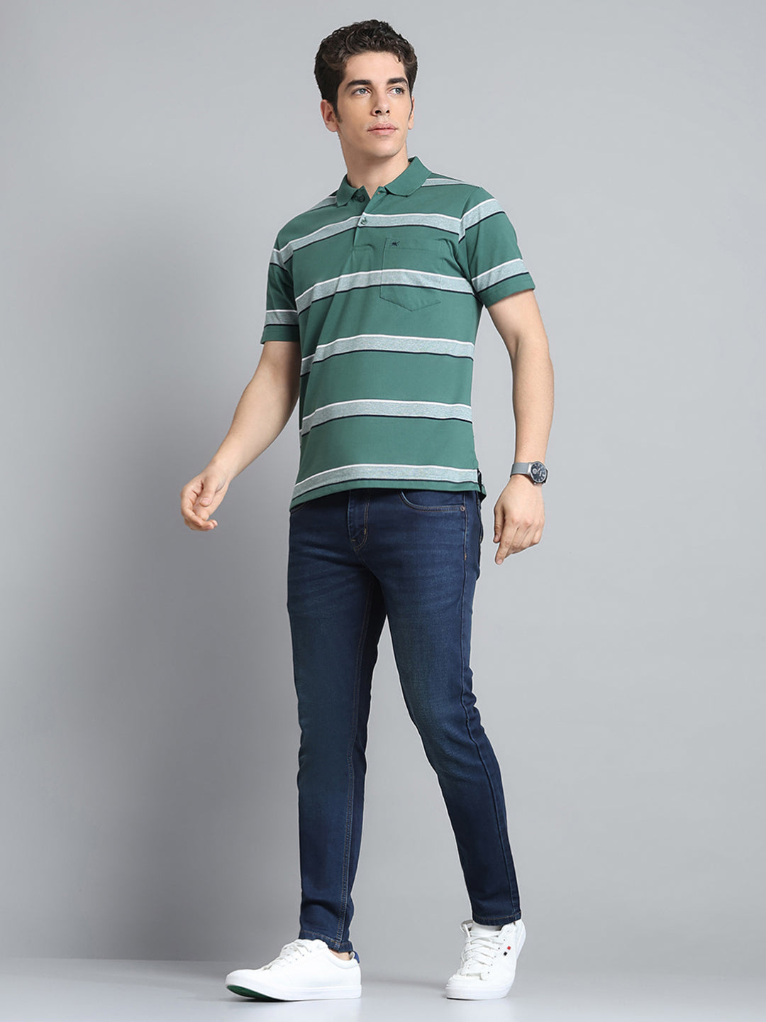 Men Green Stripe Collar Half Sleeve T-Shirt