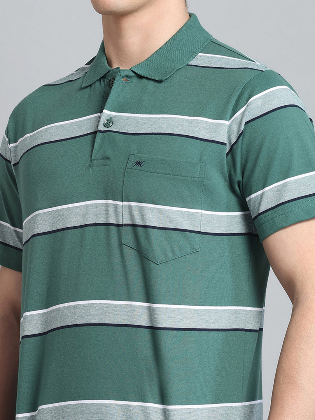 Men Green Stripe Collar Half Sleeve T-Shirt