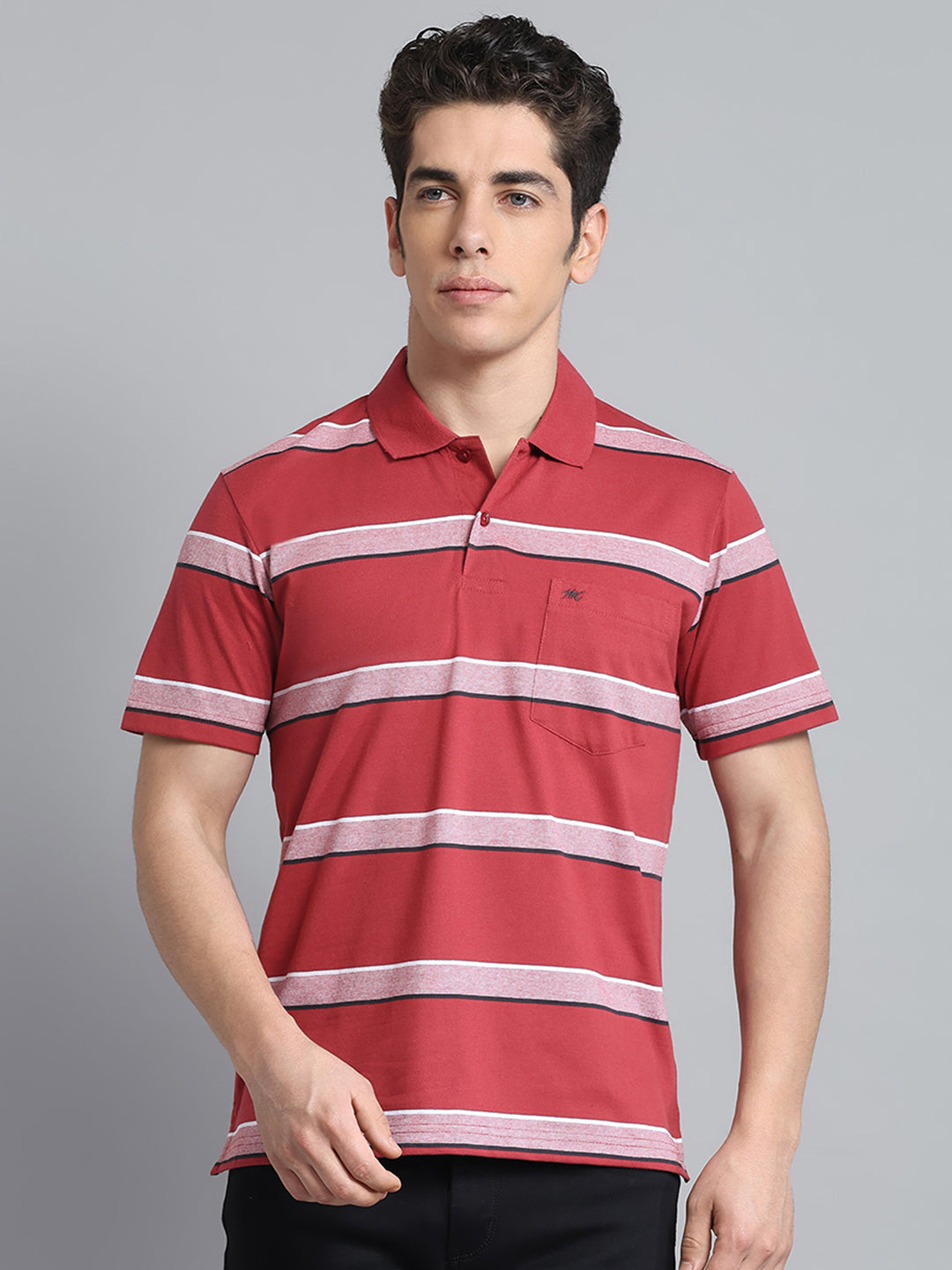 Men Rust Stripe Collar Half Sleeve T-Shirt