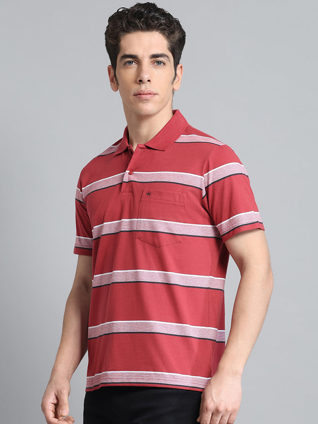 Men Rust Stripe Collar Half Sleeve T-Shirt