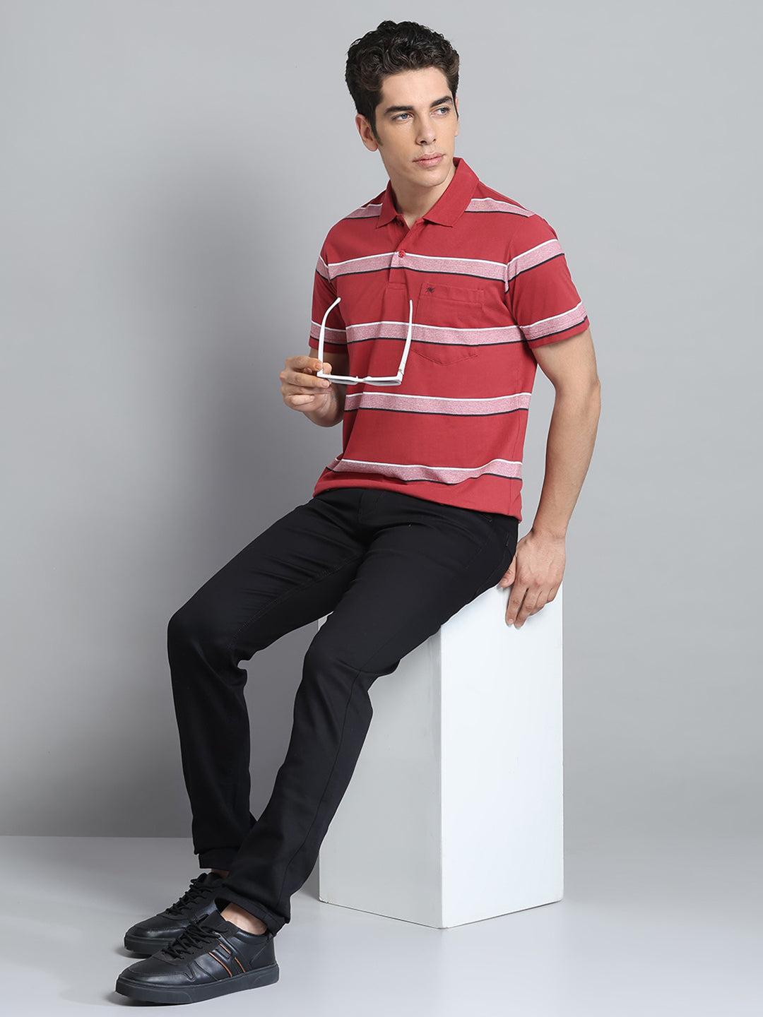 Men Rust Stripe Collar Half Sleeve T-Shirt