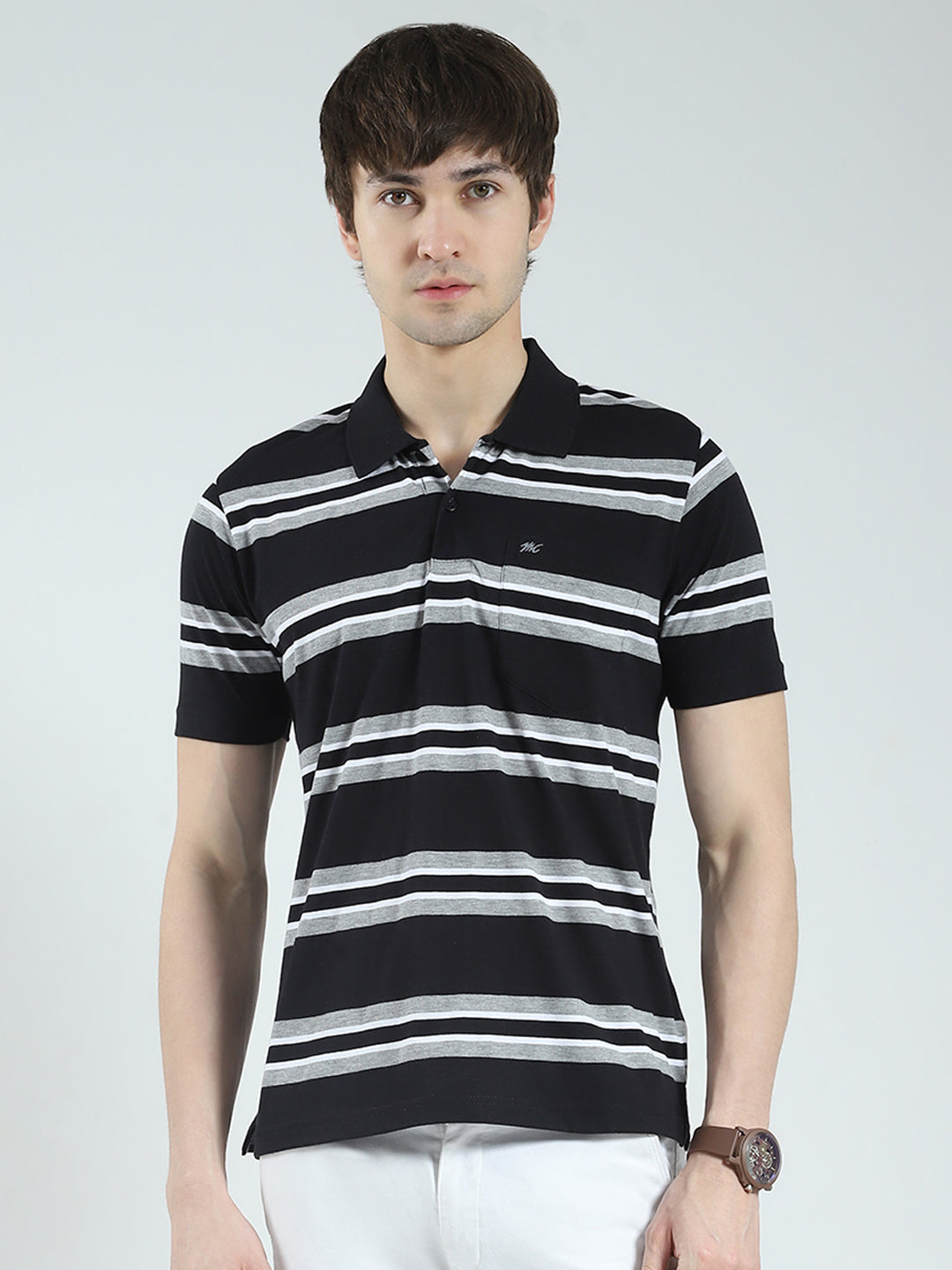 Buy Men Black Stripe Collar Half Sleeve T-Shirt Online in India