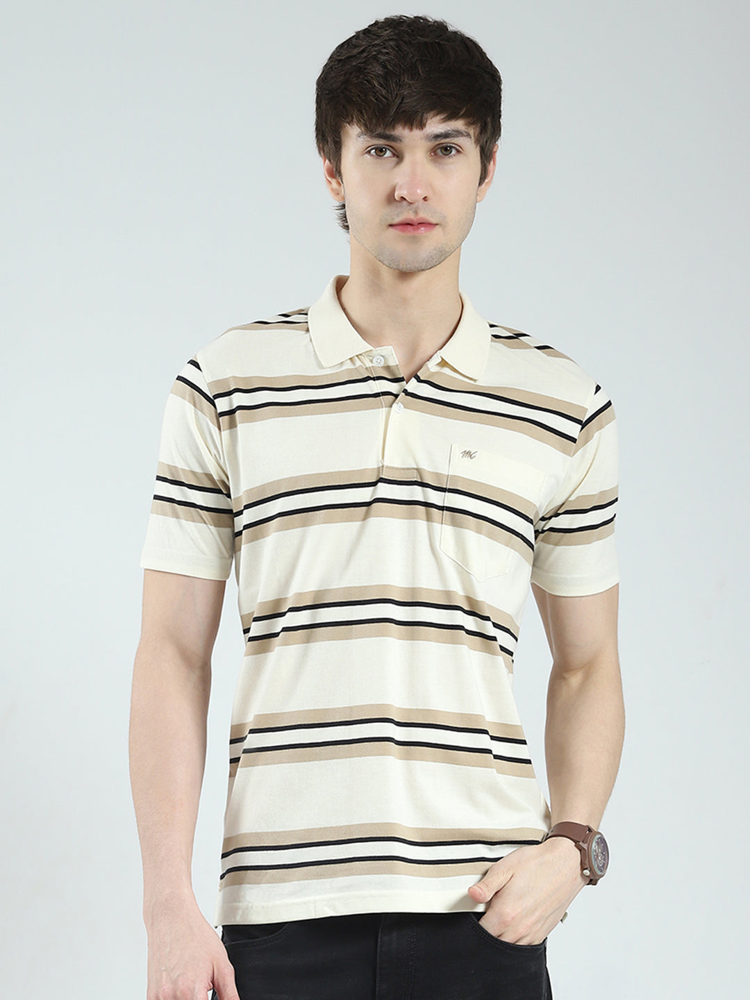 Men Beige Stripe Collar Half Sleeve T-Shirt