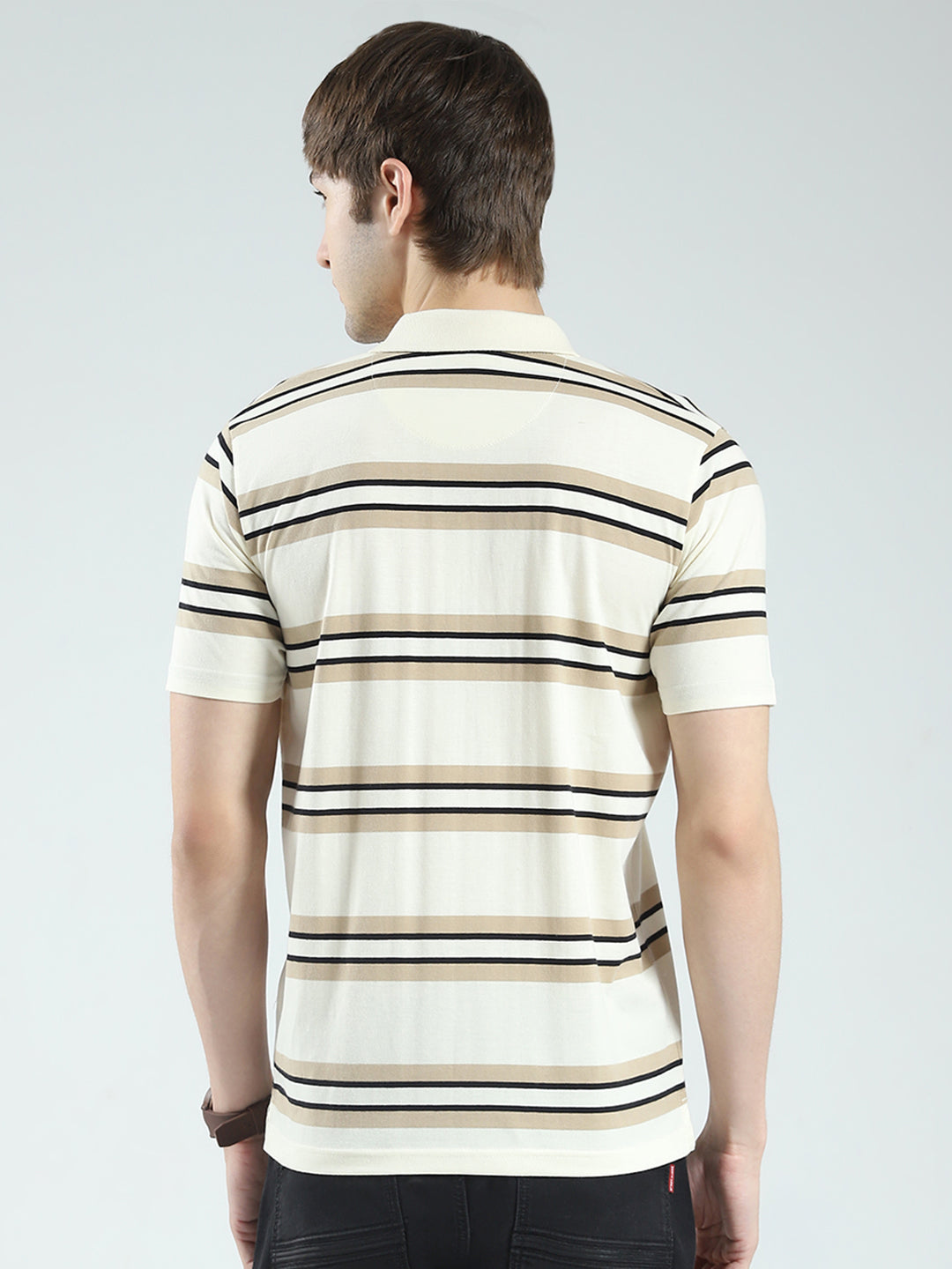 Men Beige Stripe Collar Half Sleeve T-Shirt