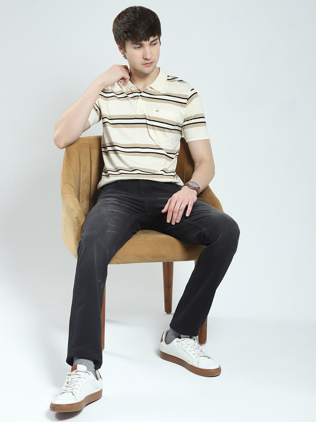 Men Beige Stripe Collar Half Sleeve T-Shirt