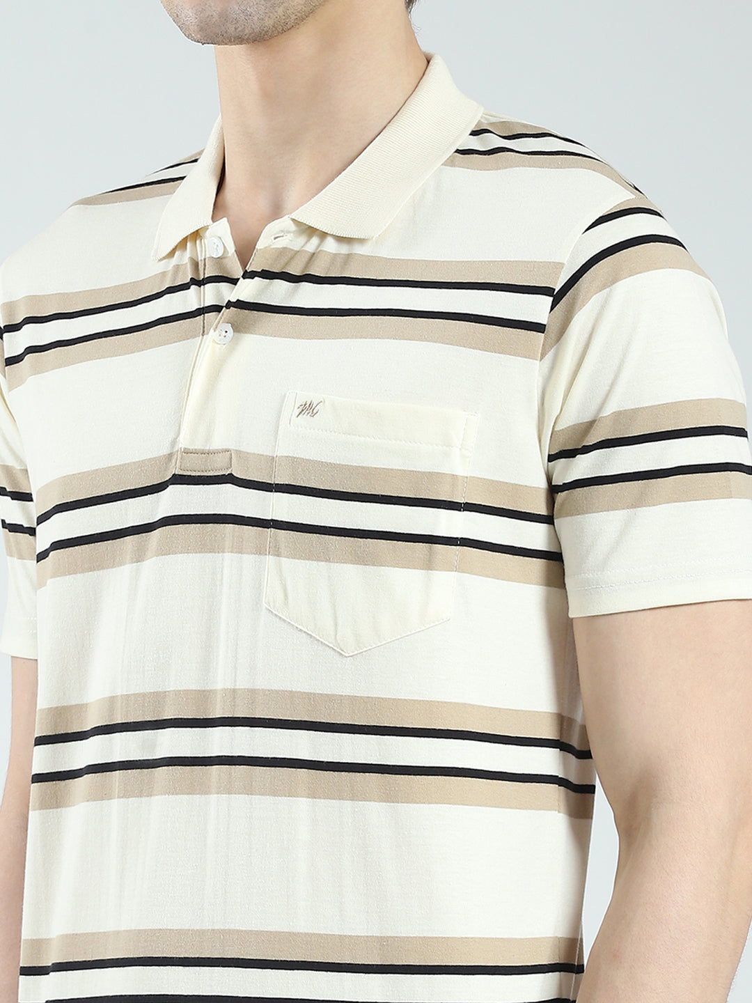 Men Beige Stripe Collar Half Sleeve T-Shirt