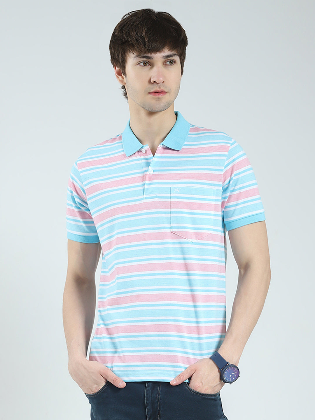 Men Blue Stripe Collar Half Sleeve T-Shirt