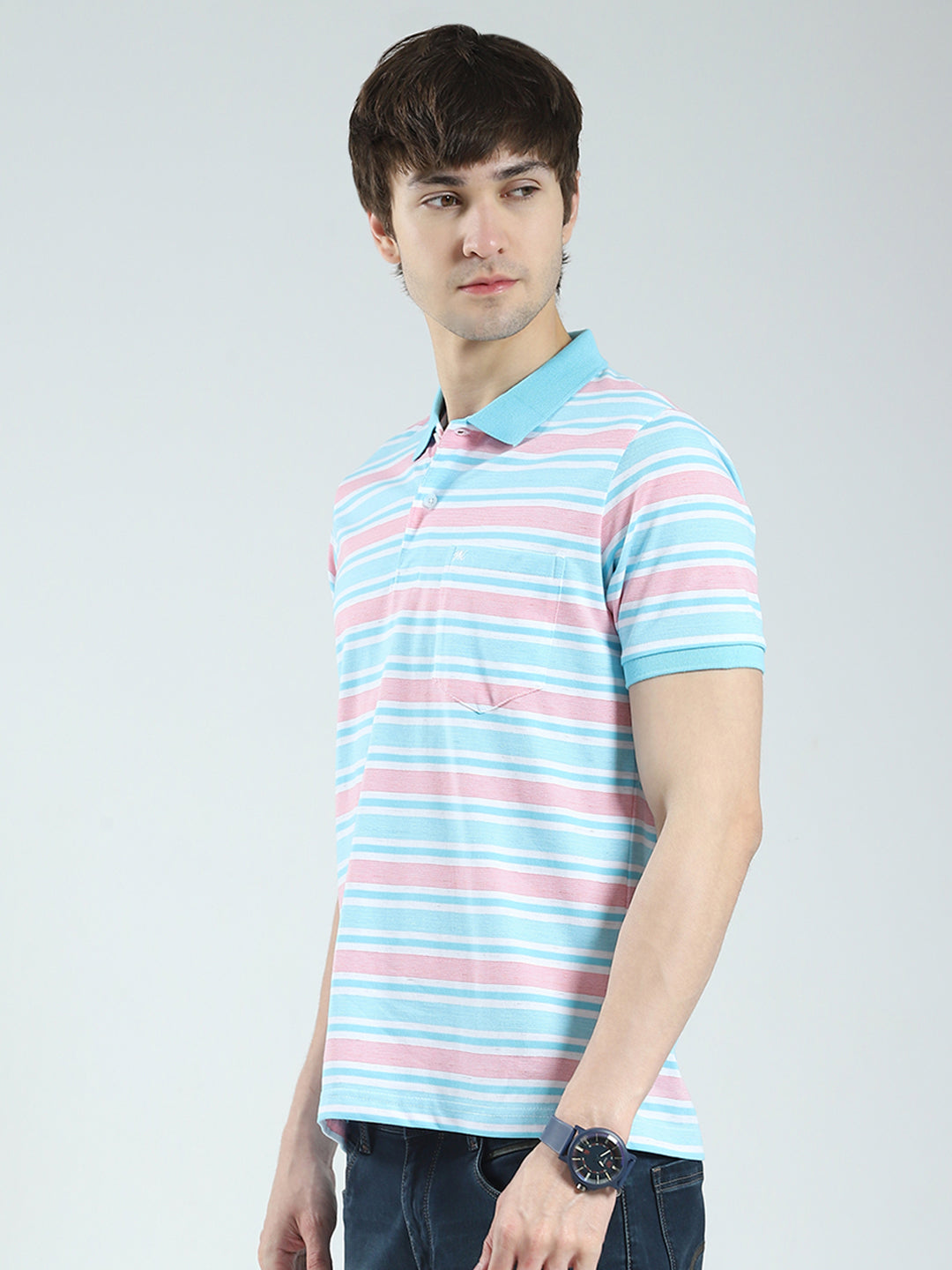 Men Blue Stripe Collar Half Sleeve T-Shirt